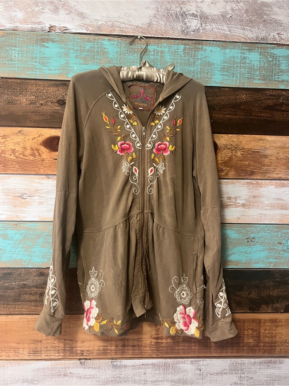Johnny Was Embroidered Olive Hoodie Jacket with Floral Accents M
